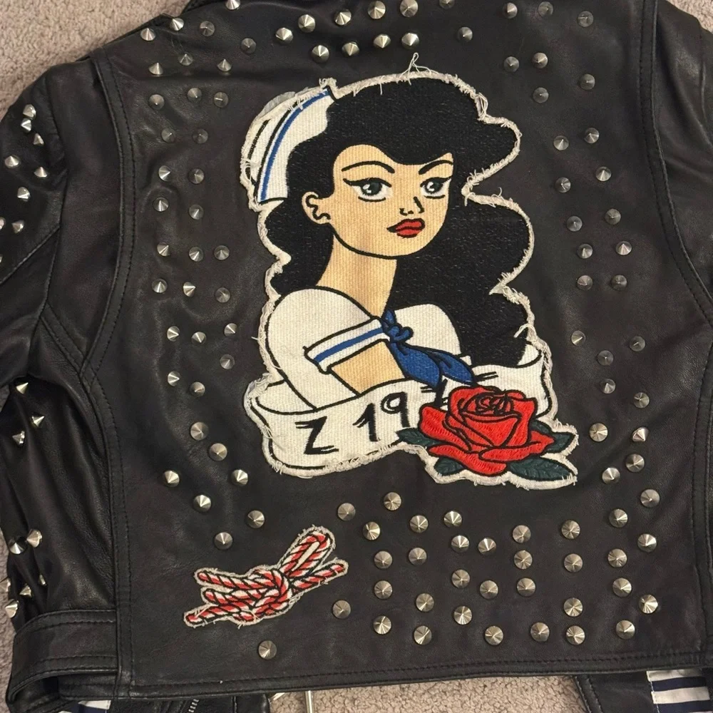 Zara Black and Red Leather Jacket with Studded Details - Picture 2 of 8